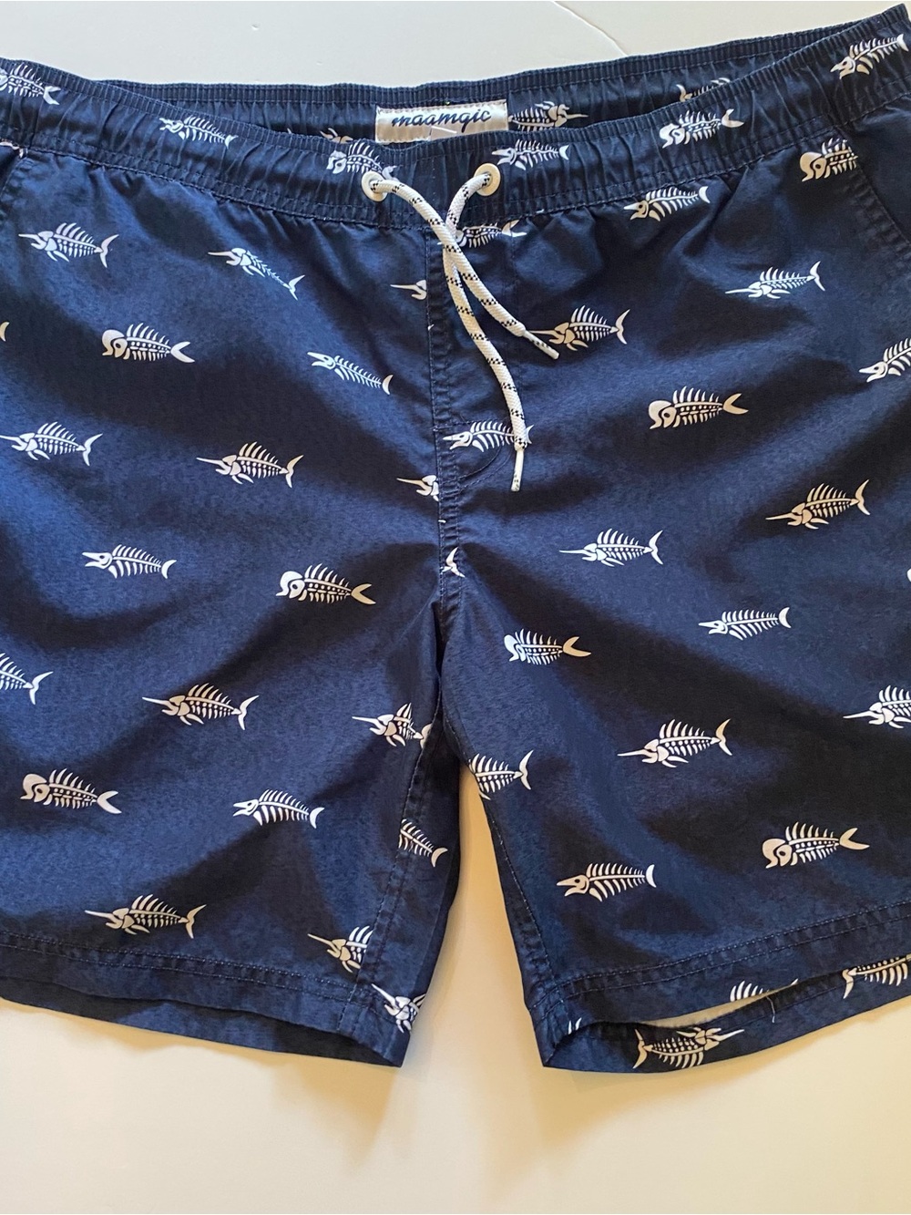 Navy Fishbone Print Men’s Swim Trunks